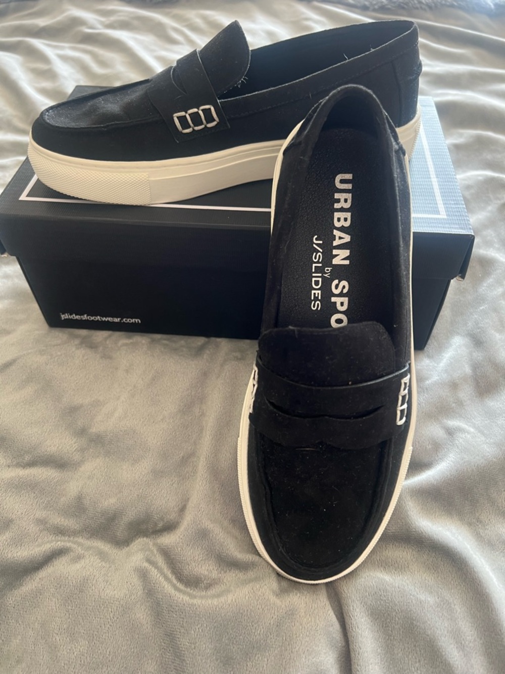 J Slides Black Suede Platform Loafers with White Sole